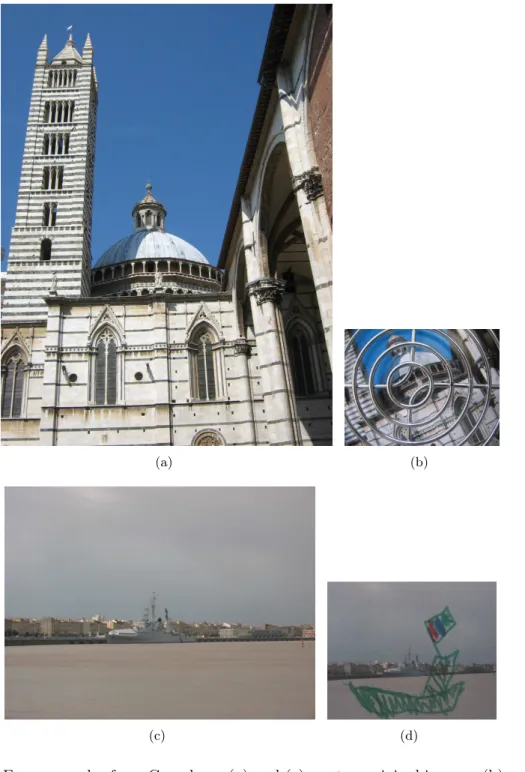 Figure II.6.: Four examples from Copydays: (a) and (c) are two original images; (b) and (d) are two strong variants used as queries
