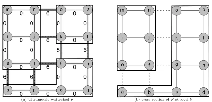 Fig. 5 An example of an ultrametric watershed F and a cross-section of F . In (a), a box is drawn around each one of the minima of F , and in (b), a box is drawn around each one of the connected components of the cross-section of F 
