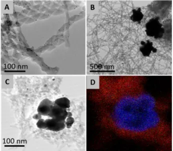 Figure 6. TEM images of Helix–L2·AuCl after four catalytic cycles showing the still presence of helices and the apparition of small (A) and larger (B and STEM  image C) particles