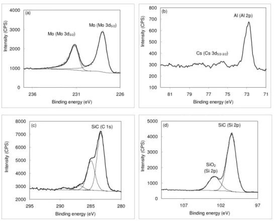 Fig.  6.  Surface  characterization  (XPS)  of  Al/Mo/SiC_15.  Solid  bold  line:  experiment;  solid  lines: components obtained from the decomposition of the core level; dashed line: recomposed  signal