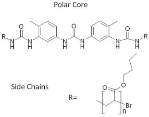Fig  1:  Example  of  polar  core  used  in  this  study.  The  tri- tri-urea  functionalized  core  is  linked  to  two  linear   poly-n-butyl acrylates (R)