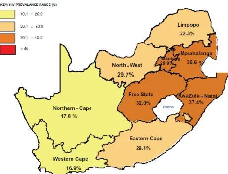 Figure 3. Prévalence du VIH parmi les femmes enceintes en fonction de la région, Afrique du Sud,  2012  – source : Département National de la Santé sud-africain, 2012