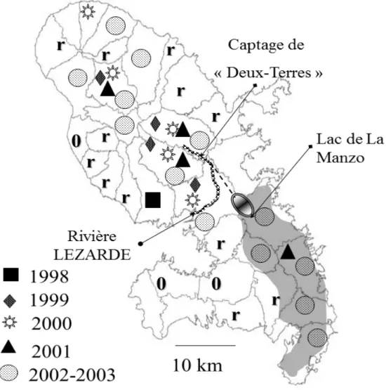 Figure 7.  Les souches IIB-4NPB ont envahi la Martinique en 5 ans. Carte de prévalence dans les  34 communes de 1998 à 2003