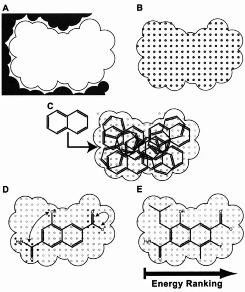Figure 2-1:  Overview of  the inverse ligand design algorithm.  First, a ligand envelope  is created in the active site  (A),  which will serve as a hard constraint on the size and  shape of  designed ligands as well  as  an  approximation  to the  true mo