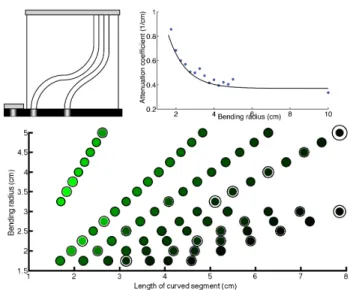 Fig. 6. Comparison of the transmission of 90 ◦ turn fibers with varying curvature radii for both support and TangoPlus cladding