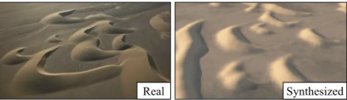 Figure 16: Comparison of real (left) and synthesized (right) barchan dunes; no user interaction was needed to create this scene.