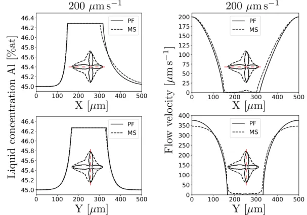 Fig. 5: Concentration profiles in the liquid around the grain (left) and velocity magnitude profiles (right) under convection for a forced flow velocity of 200 µ m∕s 