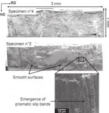 Fig. 13. Fracture surfaces of two specimens taken from the β annealed plate with either a completely ductile surface (No