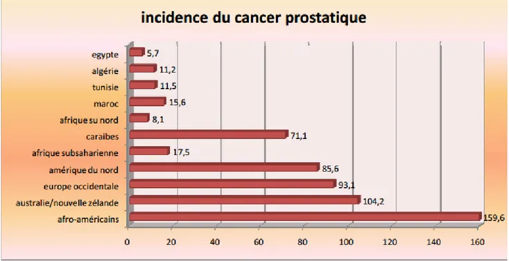 Figure 1 : incidence du cancer prostatique standardisé à l’âge de la population  mondial/100000 habitant 