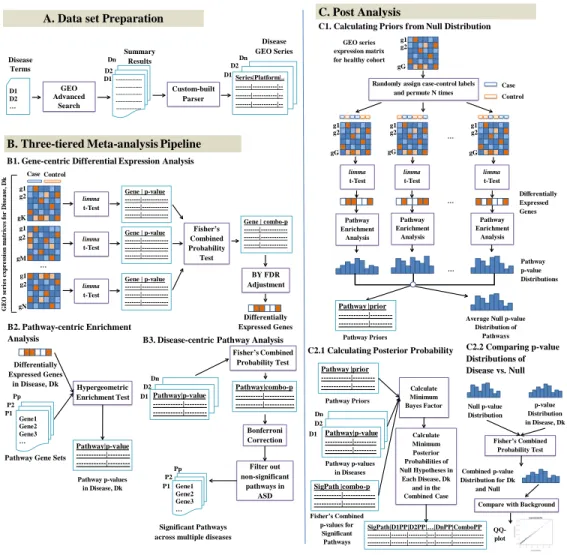 Figure 2-1: Three-tiered integrative omics pipeline. (A) Data preparation: select GEO Series relevant to ASD and comorbid diseases