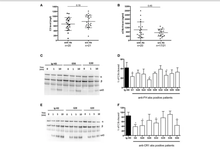 FIGURE 3 | Functional consequences of anti-complement antibodies. (A) Plasma levels of C3 and (B) sC5b-9 of 22 MIg-C3G patients with anti-complement protein antibodies and 19 MIg-C3G without antibodies