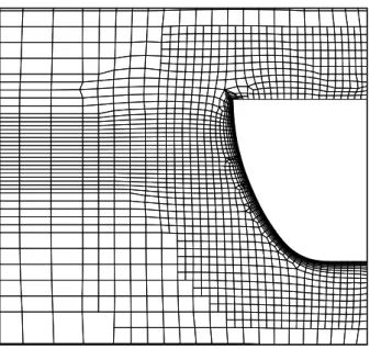 Figure 1. Cut through an unstructured hexahedral mesh for a ship geometry, with a body-fitted boundary layer and a block of fine cells around the free surface.