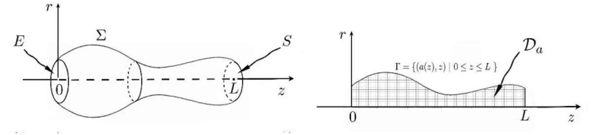 Fig. 2.1. A cylindrical admissible domain and its slice in two dimensions