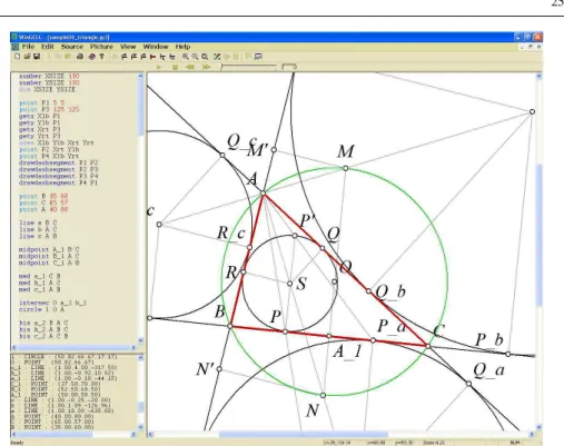 Fig. 3.2 WinGCLC Screenshot (the textual description on the left hand side and the visualisation on the right hand side depict the circumcircle, the inscribed circle, and the three escribed circles of the triangle ABC)