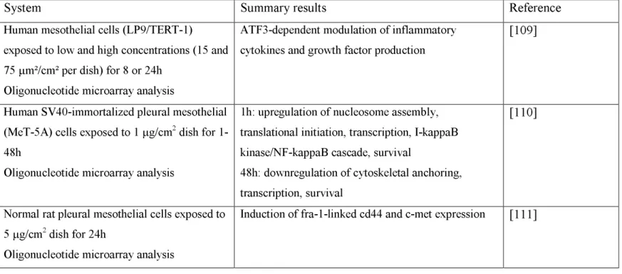 Table 3 – Summary of  in vitro  experiments related to gene expression in crocidolite-treated  mesothelial cells