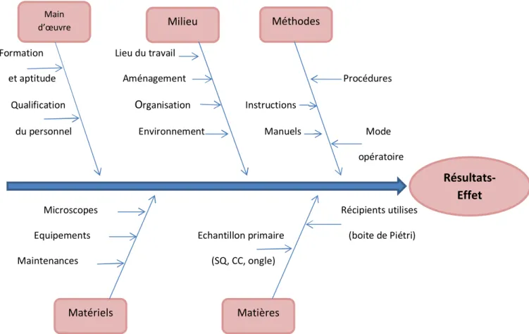 Figure 5 : Etude des risques selon la méthode des 5 M relative au diagnostic mycologique  (Diagramme d’Ishikawa)
