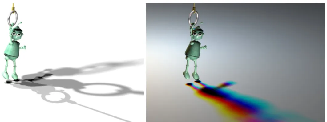 Figure 8: Complex shadow due to multiple light sources. Note the complex interplay of colored lights and shadows in the complementary colors.