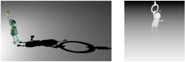 Figure 11: Shadow map for a point light source. Left: view from the camera. Right: depth buffer computed from the light source.