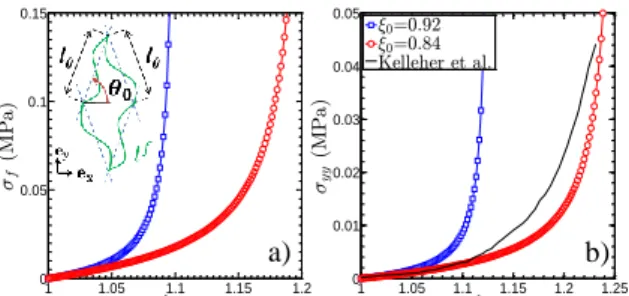 Figure  1:  Stress-elongation  curves  for  tensile  tests  along  e y : (a) model predictions for the fibril (b) model  predictions and experimental data for the tissue