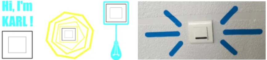 Fig. 3. Design options for light switch augmentation (from left to right): personification, waves  propagating from the switch, hanging light bulb, glare of light
