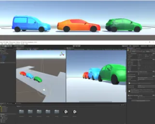 Figure 2: 3D simulation framework. At top, a side view of the 3 cars. At bo�om, the scene setup in Unity3D  in-cluding the visualization and images generation parts.