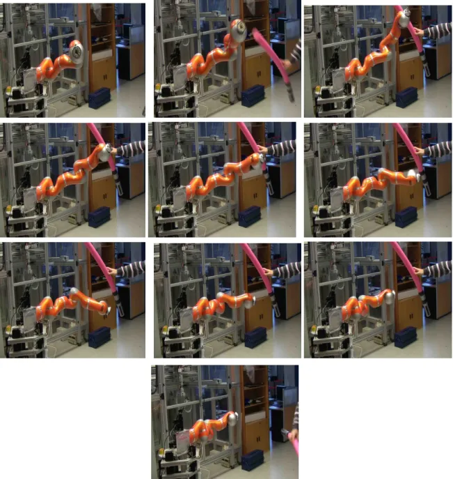 Figure 8: Experiments: a dynamic obstacle avoidance. The operator tries to block the arm, which generates a trajectory towards the goal, through a subgoal under the obstacle.