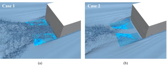 Figure 2.  Perspective views of transom-stern flow: (a) Wetted transom at 7 knots and (b) Dry transom at 8  knots