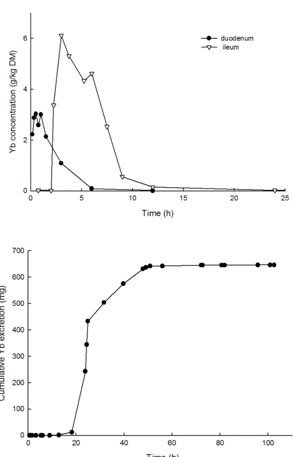 Figure 9. Example of Yb excretion curves in digesta collected at the proximal duodenum and  the terminal ileum (top panel) and cumulative Yb fecal excretion (bottom panel)