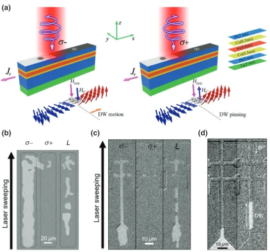 FIG. 1. (a) Schematic of the experimental setup: A current pulse is injected along the 4-µm Co / Ni / Co ferromagnetic wire while a synchronized femtosecond laser beam shines on the wire