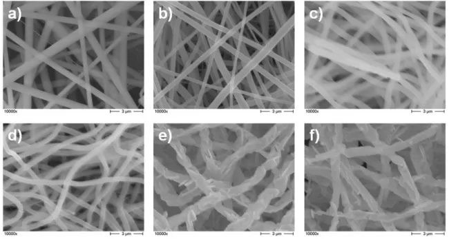 FIG. 2. SEM image of the undoped nanowires (a)-(e) and Pb-doped nanowires (f) at magnification (10000×) at different thermal treatment steps