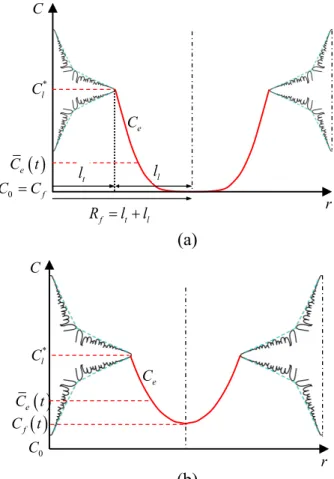 Figure  2.  Schematics  of  the  extra-dendritic  liquid  solute  concentration  profiles  ahead  of  the  primary tips of two adjacent dendrites, at a time instance in the (a) non-interacting stage and (b)  interacting stage;  r  represents the distance f