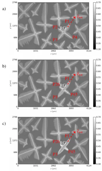 Figure 7: Numerical Beer-Lambert transmission at the final instant t sim = 130s for a rotation angle of RG around the axis ˆe rot by: a) 15 ◦ (C15), b) 30 ◦ (C30), and c) 45 ◦ (C45)