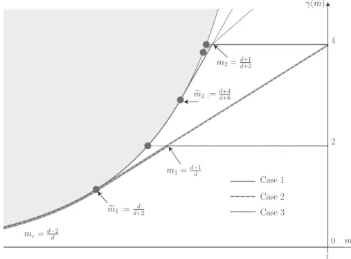 Figure 2. For d = 5, the value of m 7→ γ(m) is given by the curve of Case 1 when no assumptions are made on the initial data