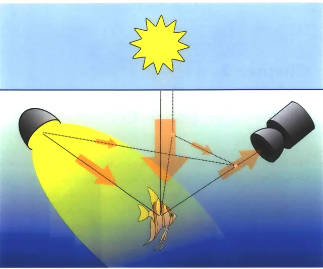 Figure  2-1:  Capturing  an  underwater  image.  Light  originating  from  the  surface and/or  an  artificial  source  reflects  off  of  an  object  (fish)  and  toward  the  camera along  a  direct  path  (solid  line)  or  is  scattered  off  of  parti