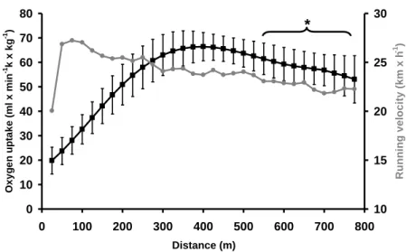 Figure 4: Evolution de la cinétique de la consommation d'oxygène (oxygen uptake) et de  la vitesse de course (running velocity) au cours  d’un 800 m couru sur le mode compétition