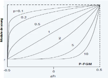 Figure II.22 : La variation du module de Young dans une plaque P-FGM. 