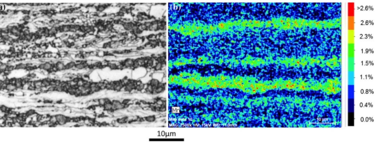 Fig. 7 a Microstructure after 740 °C–0 min/100 °C/s observed by SEM on back-scattered mode and b corresponding layer with the austenite/deformed ferrite interfaces (in black) and the austenite/