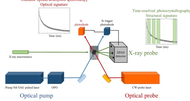 Figure 2  Schematic  of  the  combined  time-resolved  X-ray  diffraction  and  transient  absorption  spectroscopy experiments