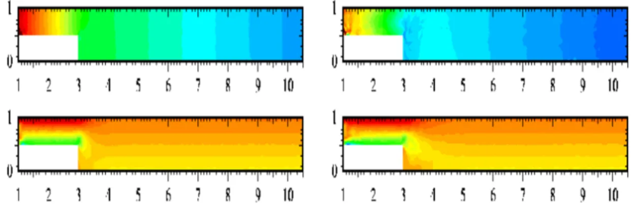 Figure 2.1.4. Pressure and vorticity for Re = 10 (left) and Re = 1000 (right) 2.2. Hierarchical modeling in fluvial hydrodynamics