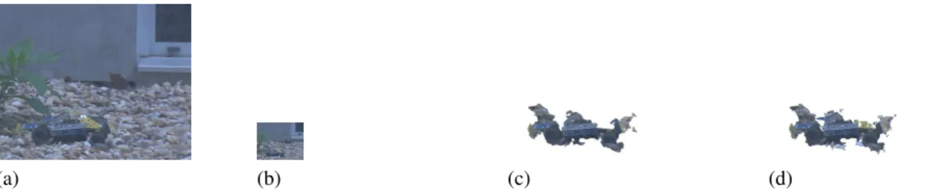 Figure 7 – (a) Image originale (b) Basse résolution (c,d) Segmentation obtenue (c) sans et (d) avec utilisation du potentiel U 3 de création de région