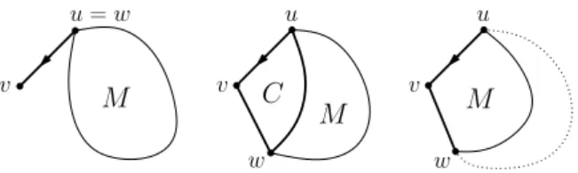 Figure 9: Decomposition of a plane graph along the root: 3 cases.