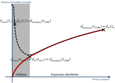 Figure 2.1 – Représentation schématique de l’évolution de la distance de Hubble comobile d H , en fonction du temps cosmique t pour un univers en expansion décélérée continuelle (courbe rouge), et pour un univers passant par une phase d’inﬂation avant d’en