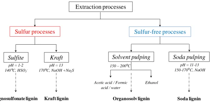 Figure I- 4. Different extraction processes to separate lignin from lignocellulosic biomass and  the corresponding productions of technical lignins