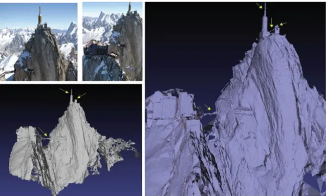 Fig. 8.  On the left: two images of the Aiguille du midi dataset (© B.Vallet/IMAGINE); below: our low resolution reconstruction (270 000 triangles)