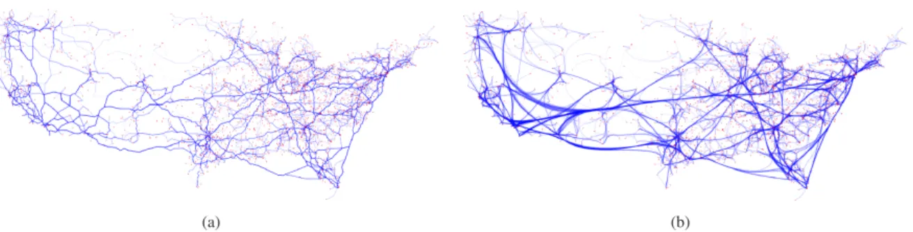 Figure 4: Comparison between two representations of an edge-bundled graph. In (a), edges are drawn as polylines while in (b) they are drawn as Bézier curves