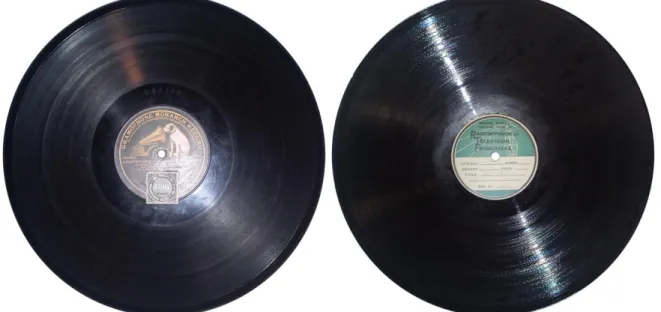 Fig. 1. Left: a printed “shellac” disc (~1920); right: a one-off lacquer “direct recording” disc (1951)  