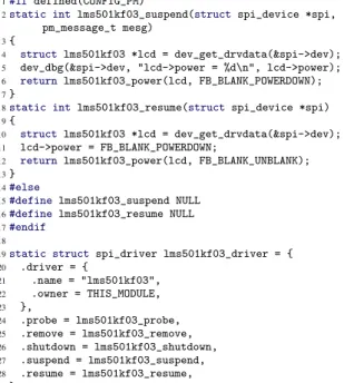 Figure 4: Patch query detecting removals of the suspend field from the initialization of a spi driver structure of both changed lines and their context and a tool  Pre-quel that applies PQL queries to a git commit history.