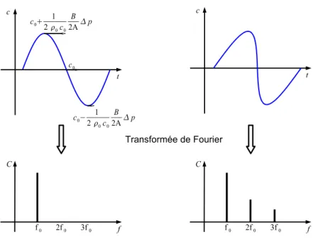 Figure 1.1  Distorsion non linéaire de l'onde ultrasonore au ours de la propagation dans