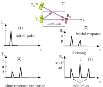 Figure 1 – TR-NEWS virtual transducer concept: (1) the initial broadband excitation T x (t) propagates in a medium; (2) additional echoes from interfaces and scatterers as new virtual sources T x (2) ; (3) time reversal; (4) response y TR (t) with a spatio