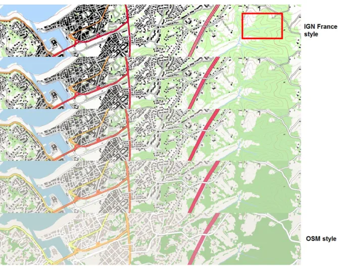 Fig. 8.  Color and line width interpolation between IGN-France style and OpenStreetMap style